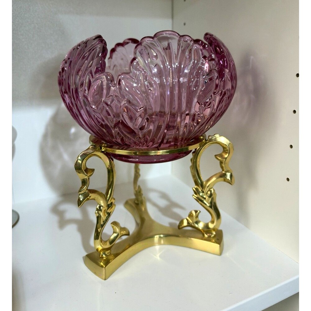 Vintage Fenton Art Pink Purple Glass Floral Lotus Bowl With Gold Metal Stand
